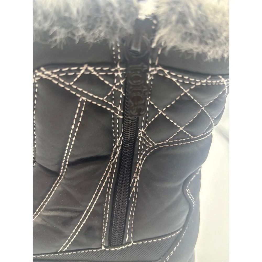 Totes Womens Black Winter Boots Faux Fur Trim Bungee Lace Side Zip Size 8W
